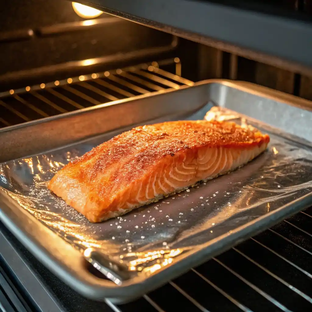 Salmon kama under a broiler, turning golden and crispy inside an oven.