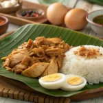 Chicken Pastil served on a banana leaf with shredded chicken over steamed rice