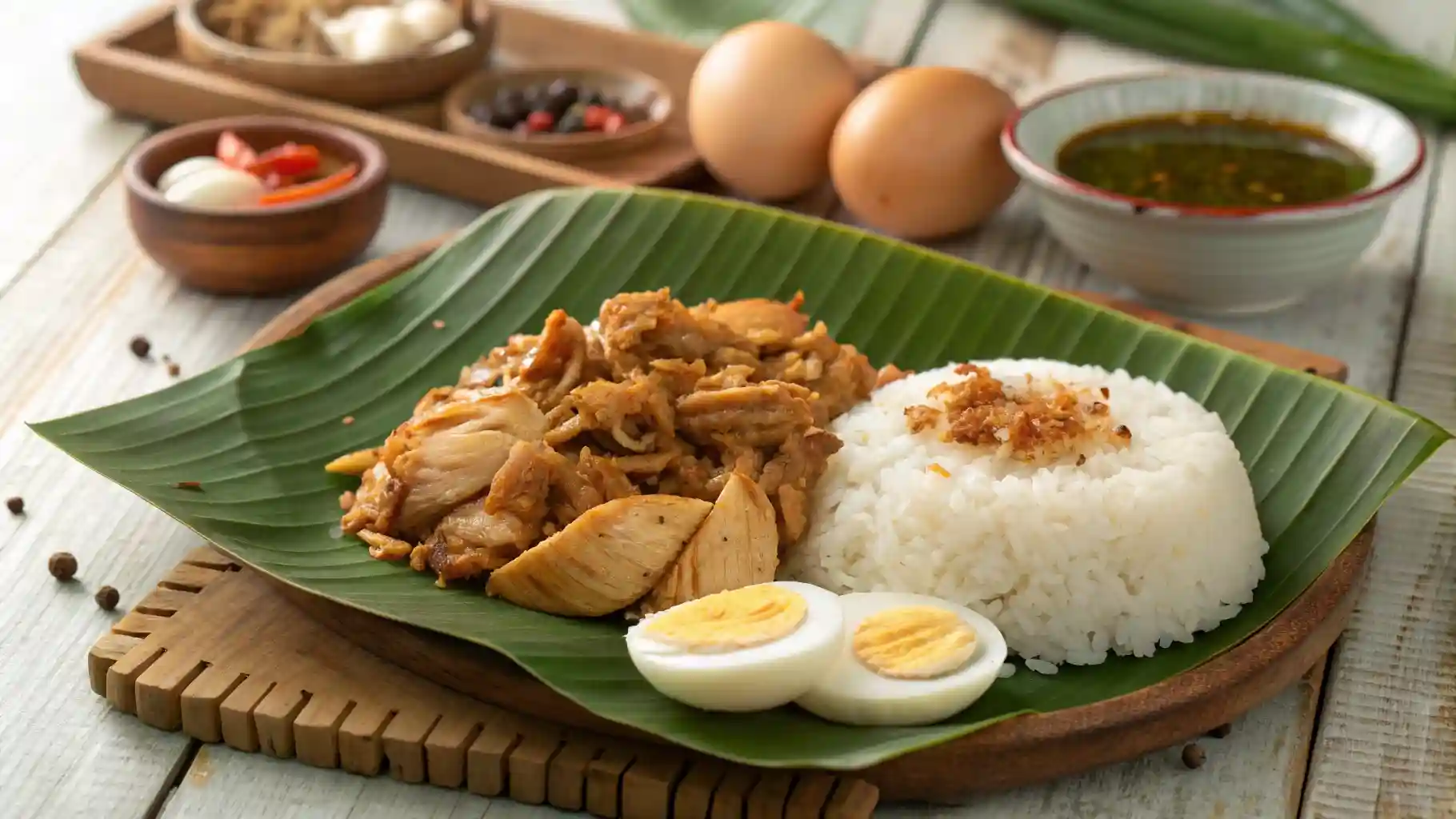 Chicken Pastil served on a banana leaf with shredded chicken over steamed rice