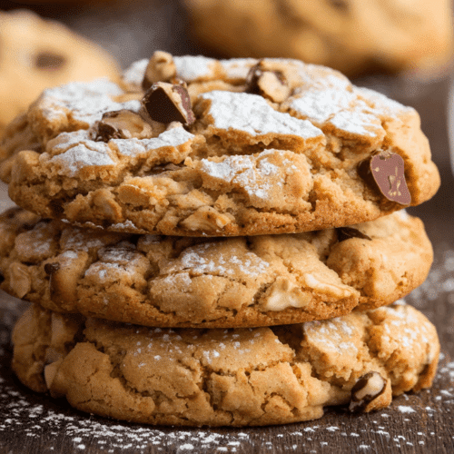 Freshly baked crookies with crisp edges and a gooey center on a wooden board