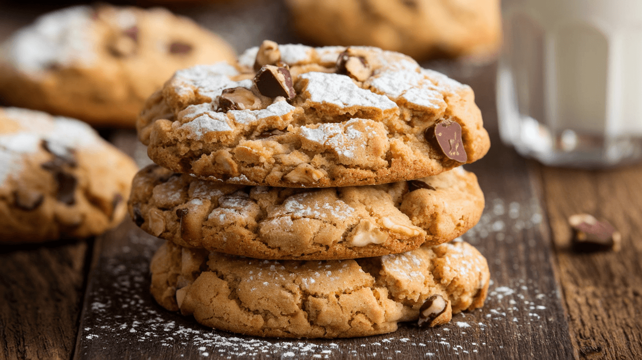 Freshly baked crookies with crisp edges and a gooey center on a wooden board