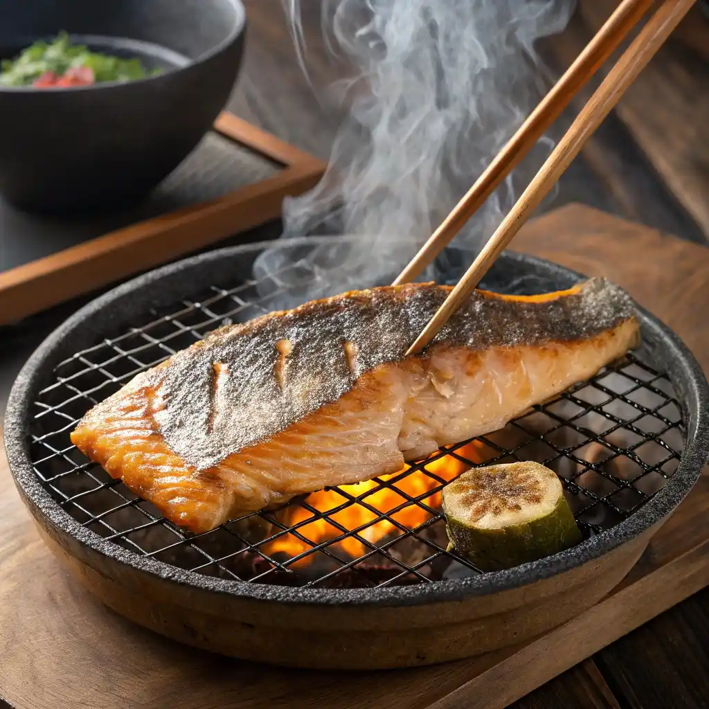 Salmon kama grilling over an open flame, with crispy skin forming and light char marks.