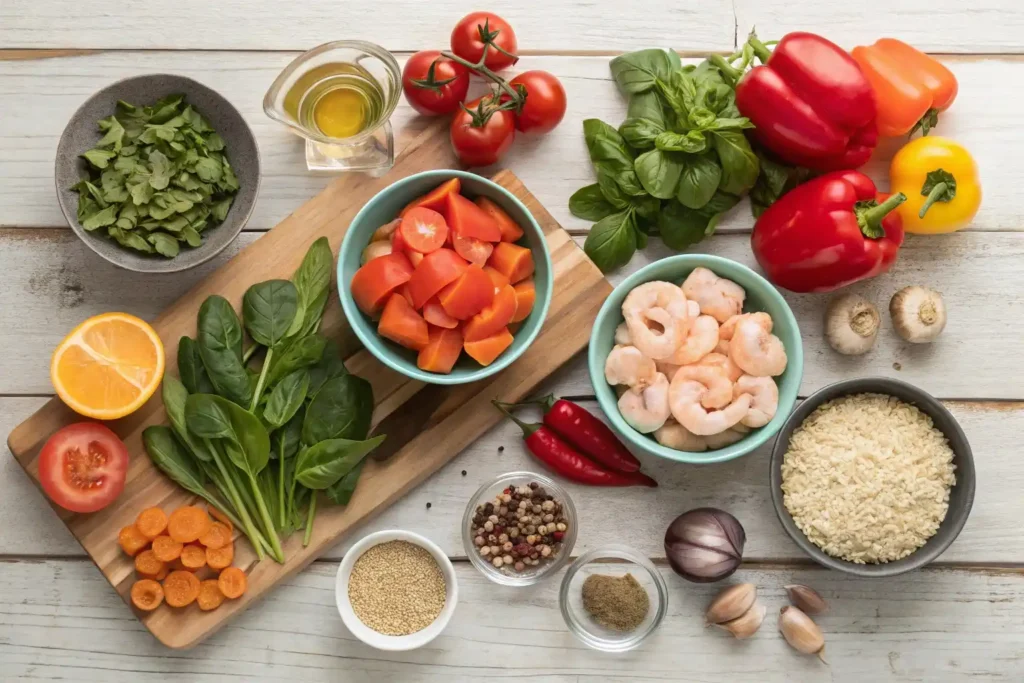 Fresh ingredients including bell peppers, chicken, quinoa, and spices, essential for Justalittlebite Recipes.