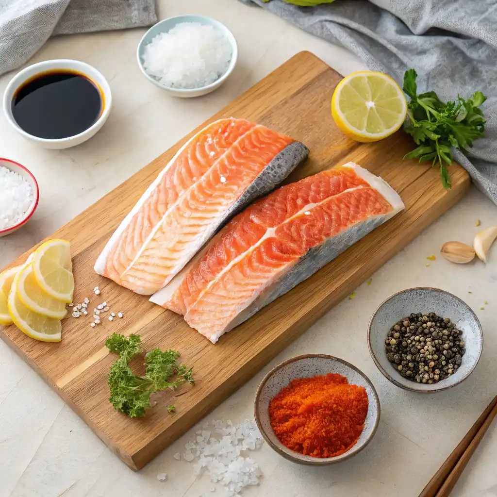 Fresh salmon collars with soy sauce, sea salt, lemon, and daikon on a wooden board.