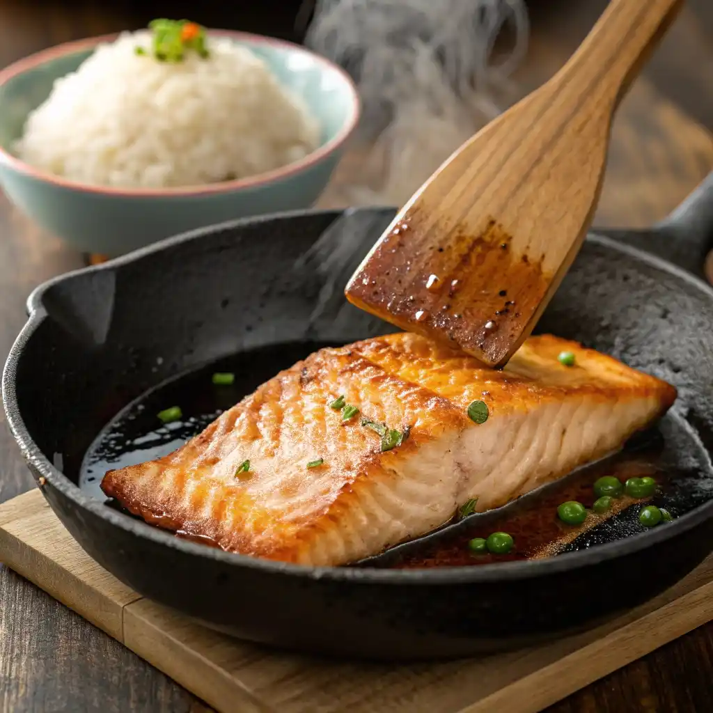 Salmon kama sizzling in a cast-iron skillet with a golden-brown crust.