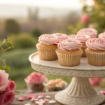 Elegant rose cupcakes with floral icing on a pastel background