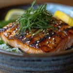 Grilled salmon kama with crispy skin, served with lemon and grated daikon