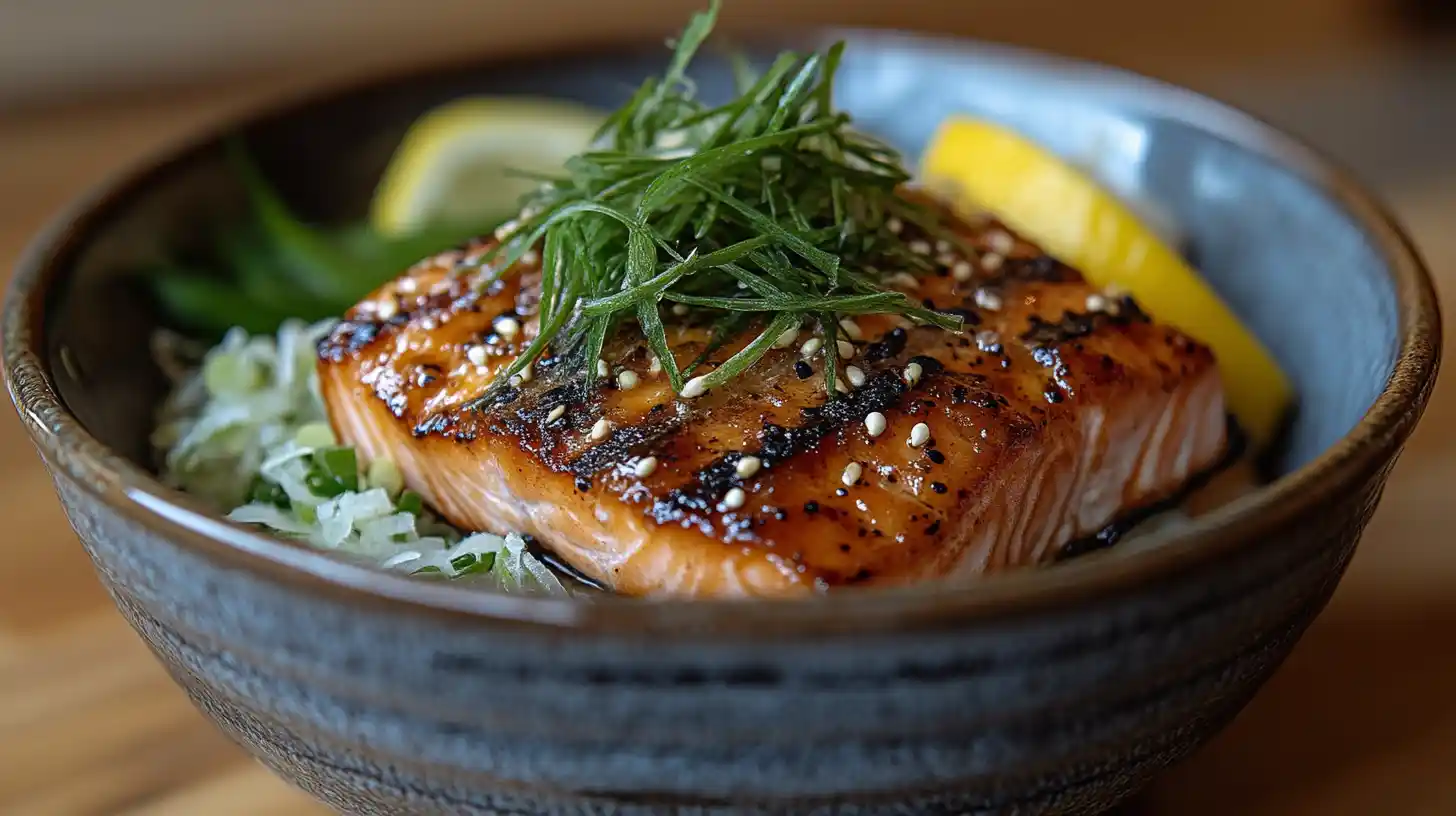 Grilled salmon kama with crispy skin, served with lemon and grated daikon