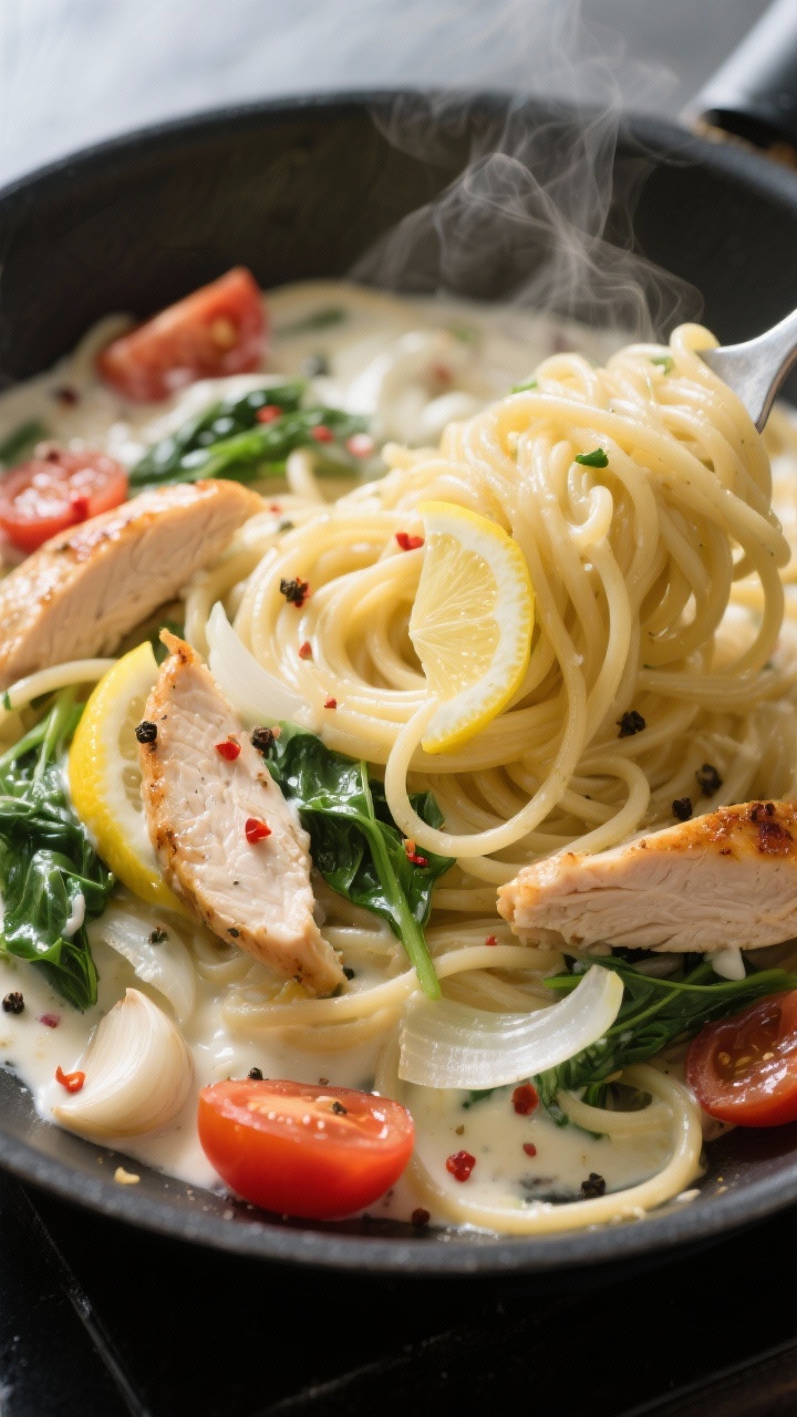 Close-up detail: Creamy Lemon-Garlic Chicken pasta being tossed in a skillet, showing glossy al dent