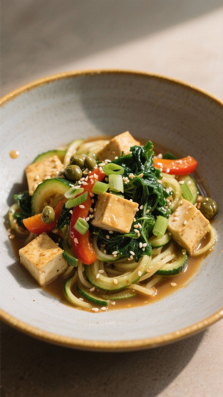 Final dish presentation: Miso-Ginger Veggie Bowl with tofu and zucchini noodles, beautifully plated