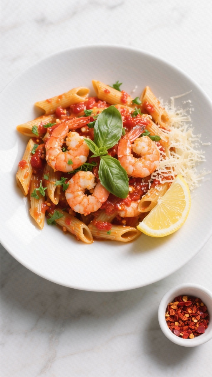 Tasty top view: Spicy Shrimp Arrabbiata plated, overhead shot of a wide white bowl filled with penne