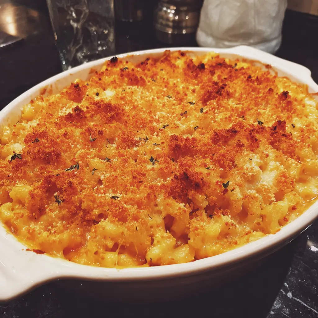 Close-up of a freshly baked, golden-orange Christmas mac and cheese recipe with a crispy breadcrumb and herb topping.