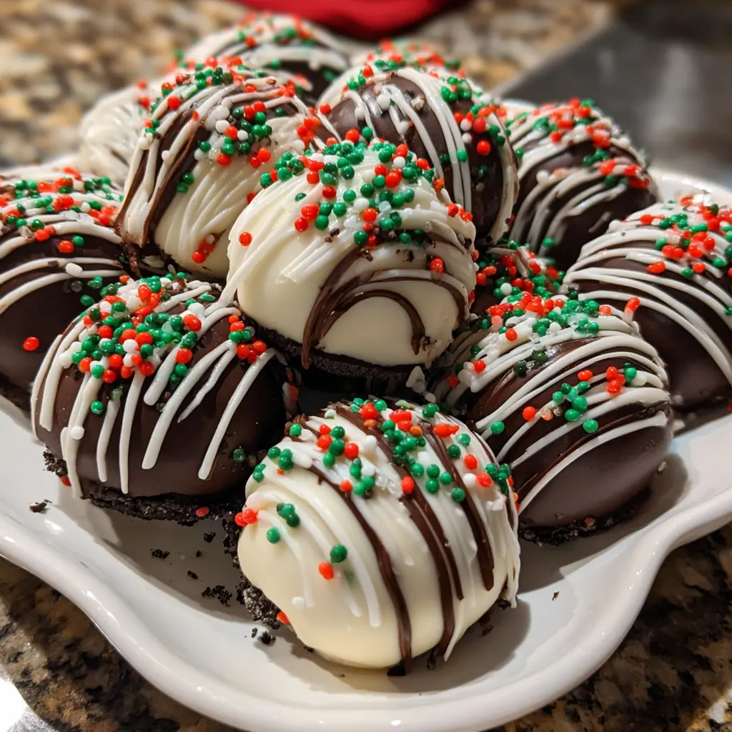 A festive pile of dark and white chocolate-coated christmas oreo balls recipe with red, green, and white sprinkles on a white platter.