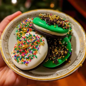 Brightly lit close-up of festive, decorated sandwich cookies resembling Oreos, featuring white and green coatings with various sprinkles, presented on an elegant gold-rimmed plate, showcasing a delicious Christmas Oreo cookies recipe.