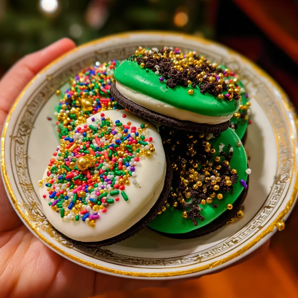 Brightly lit close-up of festive, decorated sandwich cookies resembling Oreos, featuring white and green coatings with various sprinkles, presented on an elegant gold-rimmed plate, showcasing a delicious Christmas Oreo cookies recipe.