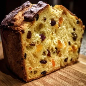Close-up of a freshly cut slice of rich Christmas panettone, showing its golden crumb and candied fruits on a wooden board.