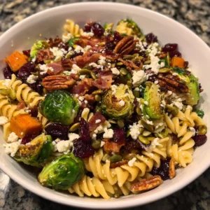 A vibrant Christmas pasta salad recipe featuring rotini, roasted Brussels sprouts, sweet potatoes, crispy bacon, dried cranberries, pecans, pumpkin seeds, and crumbled feta in a white bowl.