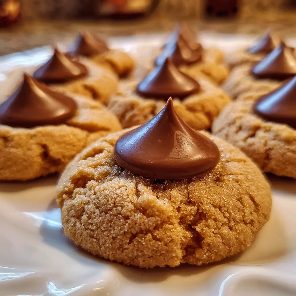 Close-up of freshly baked Christmas peanut butter blossoms recipe cookies with chocolate Kisses on a white plate.