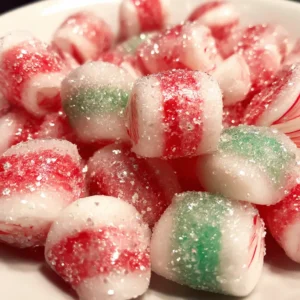 Easy Christmas Peppermint Patties 2 Glittery red, white, and green striped candies, ideal for a festive christmas peppermint candy recipe.