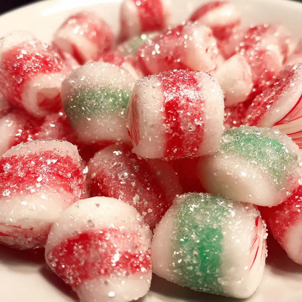 Glittery red, white, and green striped candies, ideal for a festive christmas peppermint candy recipe.