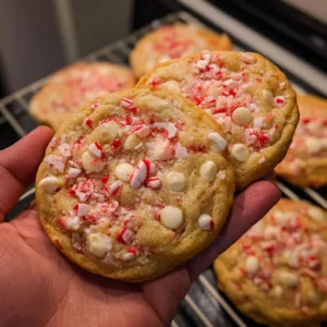 A hand holds two freshly baked christmas peppermint cookies with white chocolate chips, with more cookies cooling in the background.