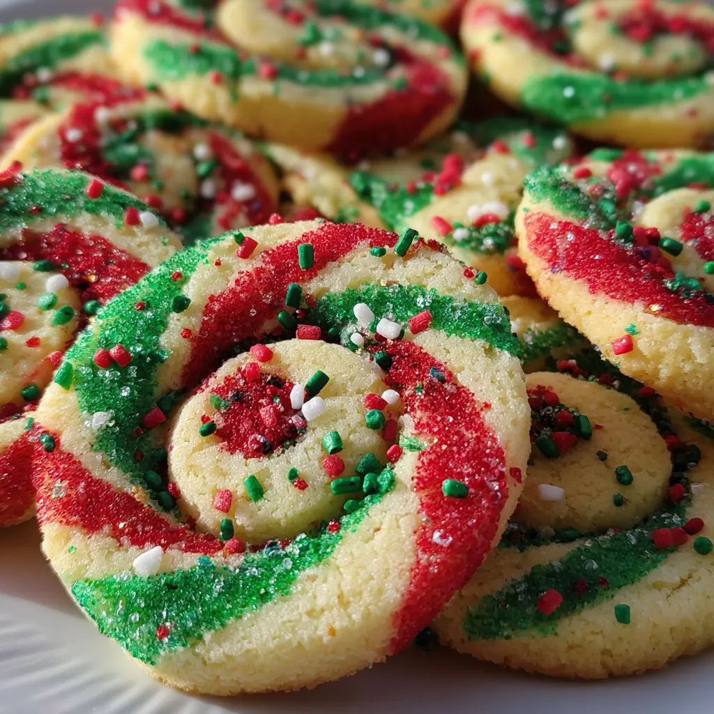 A close-up of festive red and green christmas pinwheel cookies, perfect for your holiday recipe search.