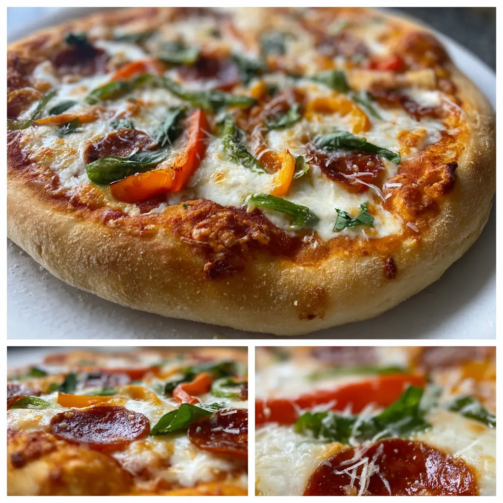 A close-up of a freshly baked, vibrant pizza with pepperoni, bell peppers, and basil, perfect for a Christmas pizza recipe.