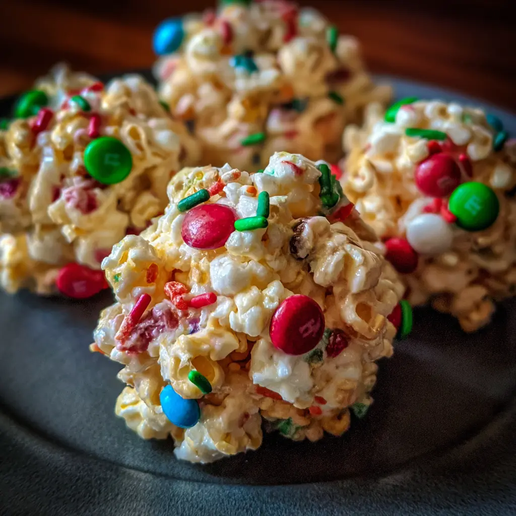 Close-up of four colorful and festive christmas popcorn balls, coated in marshmallow and adorned with M&M's and sprinkles on a dark plate.