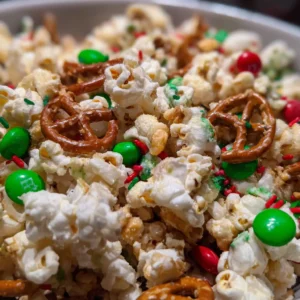 Christmas Crunch {White Chocolate Popcorn} 2 Festive Christmas popcorn recipe snack mix with red and green candies and pretzels.