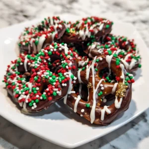 Festive & Easy Christmas Pretzels 2 A festive plate of chocolate-covered pretzels adorned with red, green, and white sprinkles, perfect for a christmas pretzel recipe.