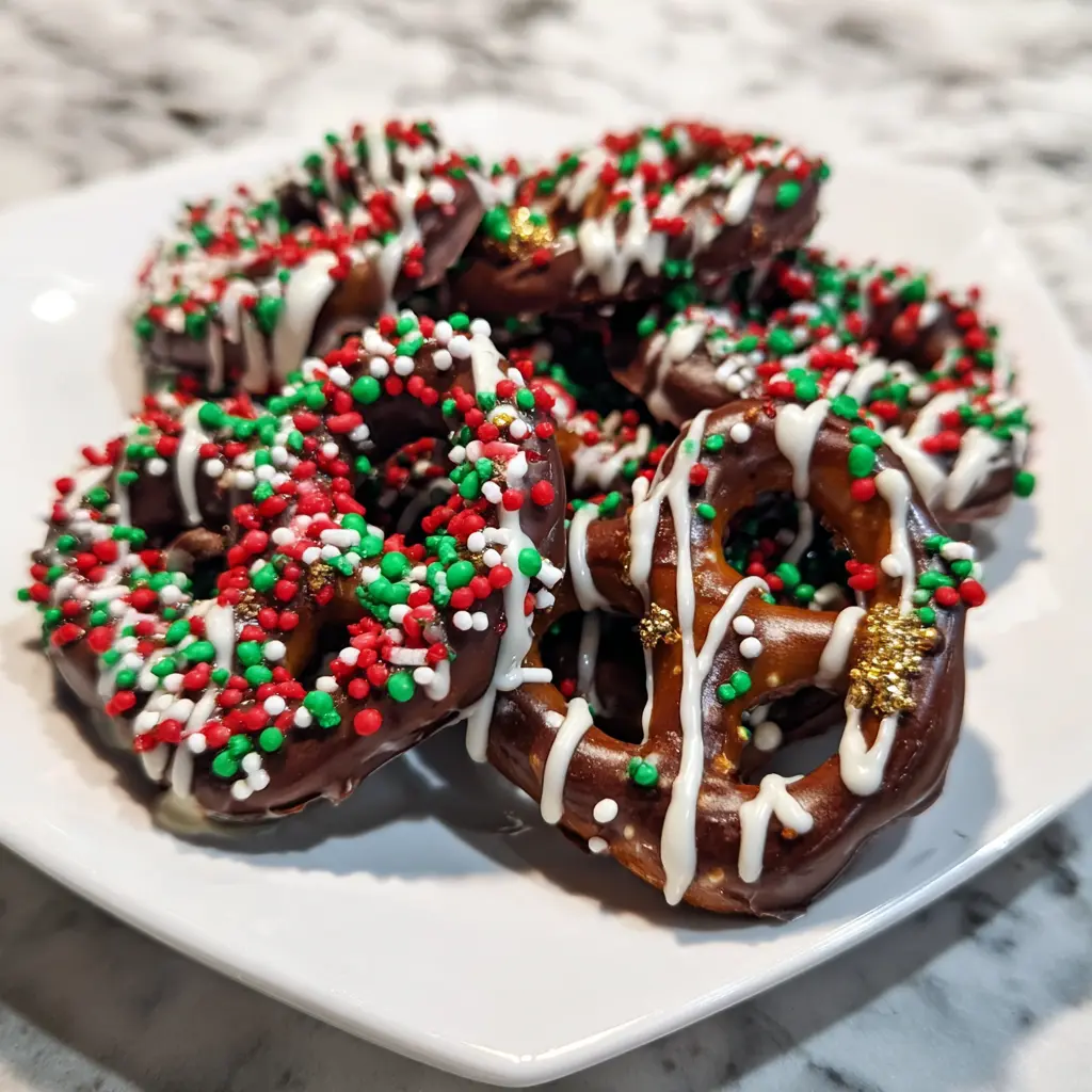 A festive plate of chocolate-covered pretzels adorned with red, green, and white sprinkles, perfect for a christmas pretzel recipe.
