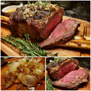 A stunning triptych showcasing a perfectly cooked, bone-in prime rib roast with a golden crust and medium-rare interior, garnished with herbs and caramelized onions, highlighting a delicious christmas prime rib roast recipe.