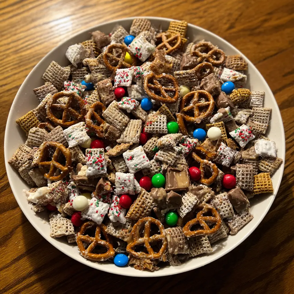 A festive platter of Christmas puppy chow recipe, featuring cereal, pretzels, M&Ms, and sprinkles.