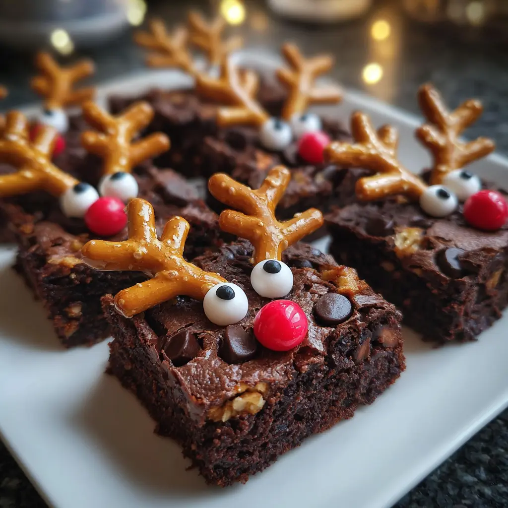 Delicious Christmas reindeer brownies with pretzel antlers and red candy noses, made from a festive christmas reindeer brownie recipe.