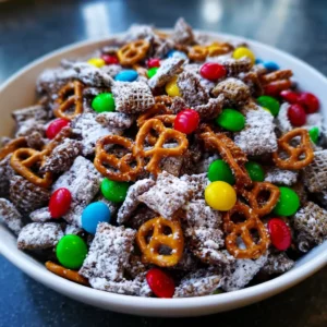 Overflowing white bowl of festive Christmas reindeer chow recipe, dusted with powdered sugar, chocolate cereal, pretzels, and colorful M&M's.