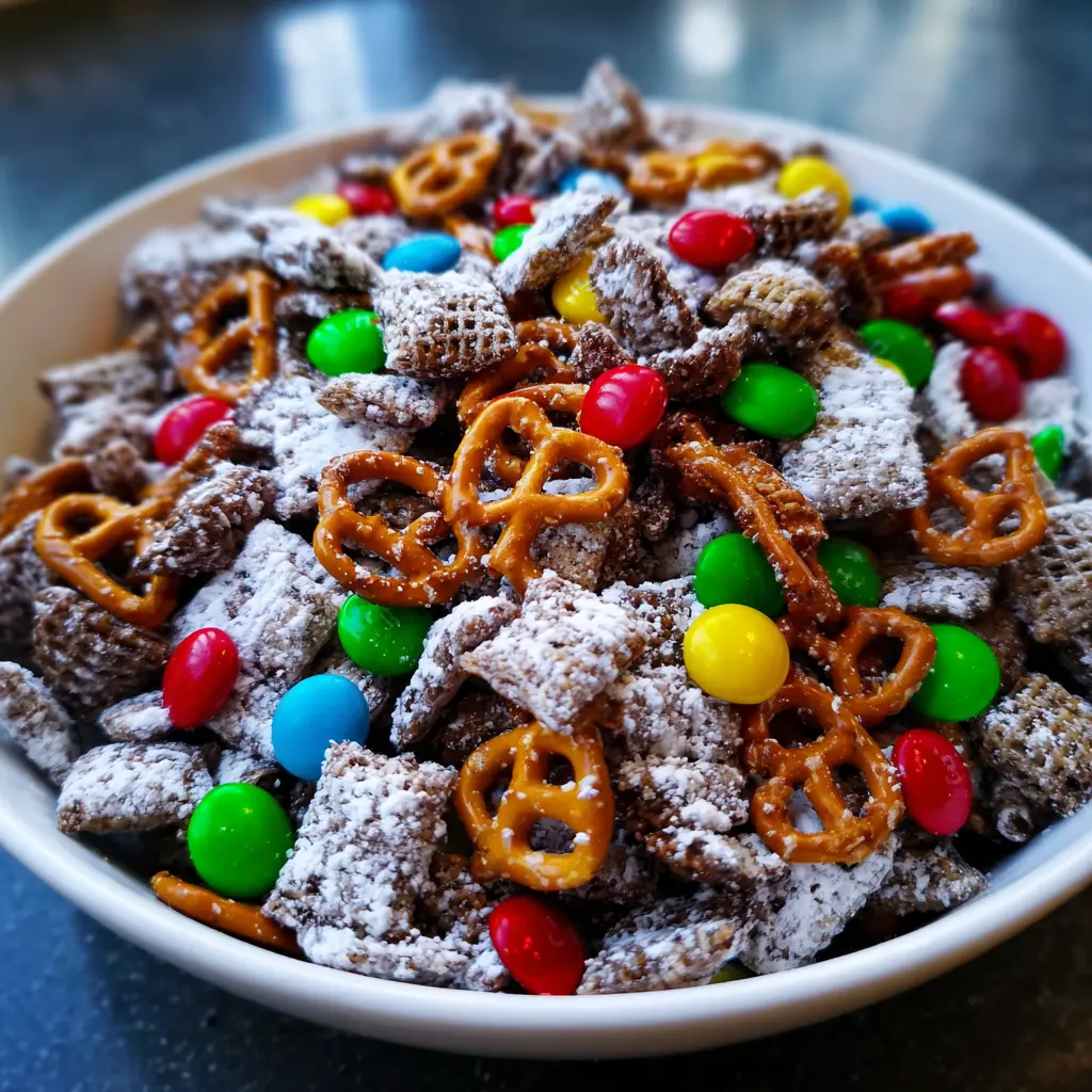 Overflowing white bowl of festive Christmas reindeer chow recipe, dusted with powdered sugar, chocolate cereal, pretzels, and colorful M&M's.