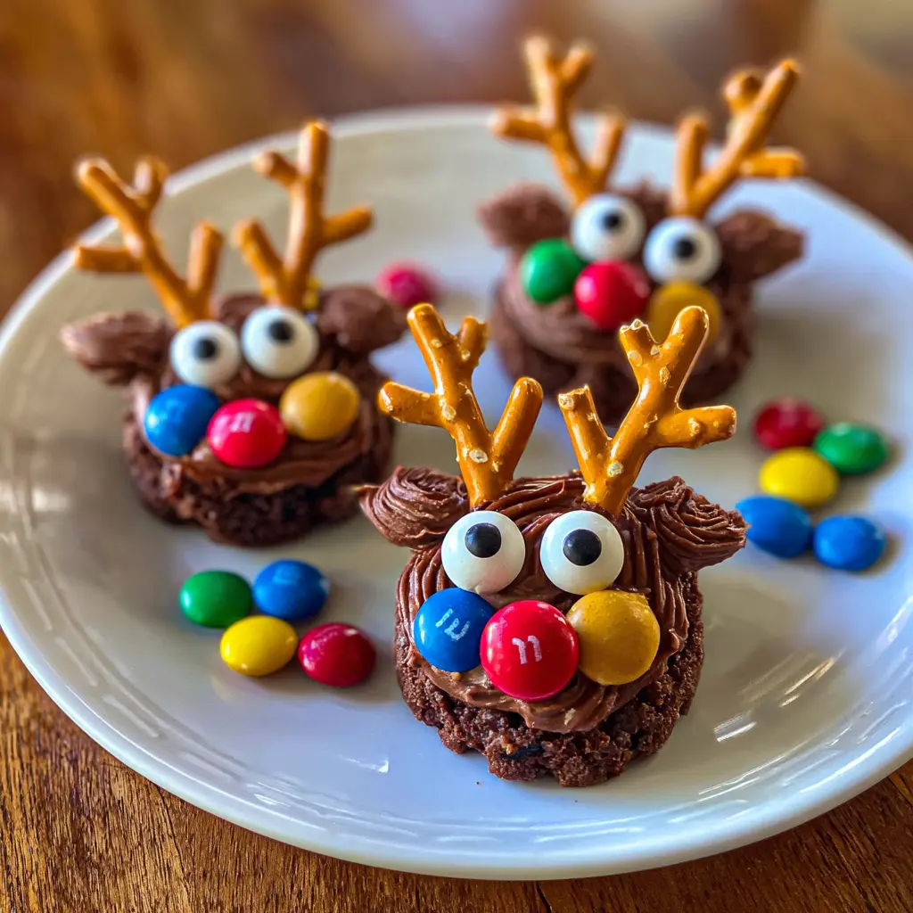 A delightful close-up of festive Christmas reindeer cookies recipe treats on a white plate, adorned with pretzel antlers and colorful M&M details.