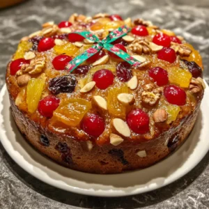 A beautifully decorated round fruitcake, perfect for a Christmas Mary Berry cake recipe, topped with glacé cherries, candied fruits, and nuts on a white plate.