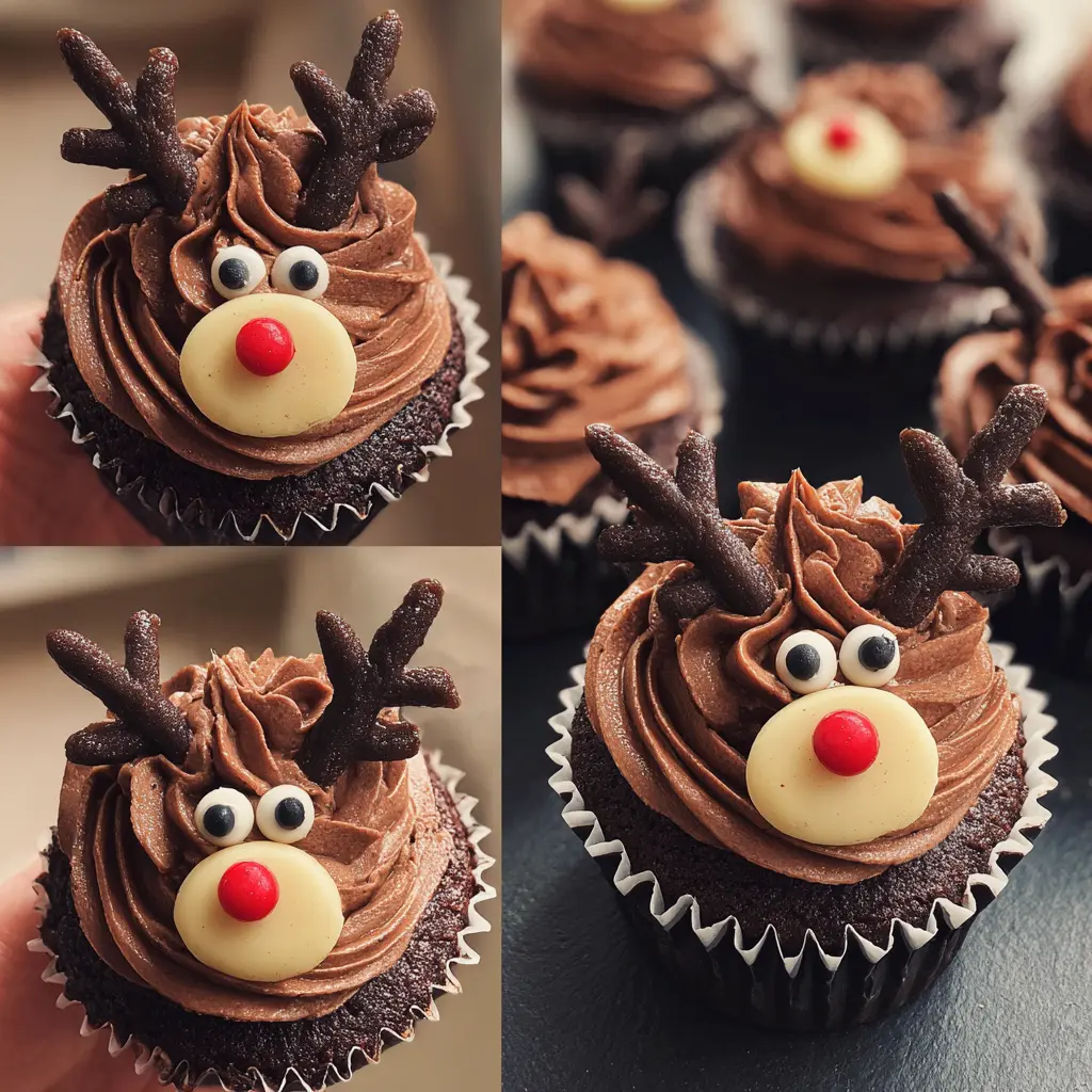 Four adorable chocolate Christmas reindeer cupcakes with candy eyes, red noses, and chocolate antlers, perfect for a festive christmas reindeer cupcake recipe.