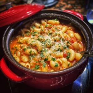 Close-up of creamy Christmas Lima Bean Macaroni Soup in a rustic red pot, garnished with cheese and fresh parsley.