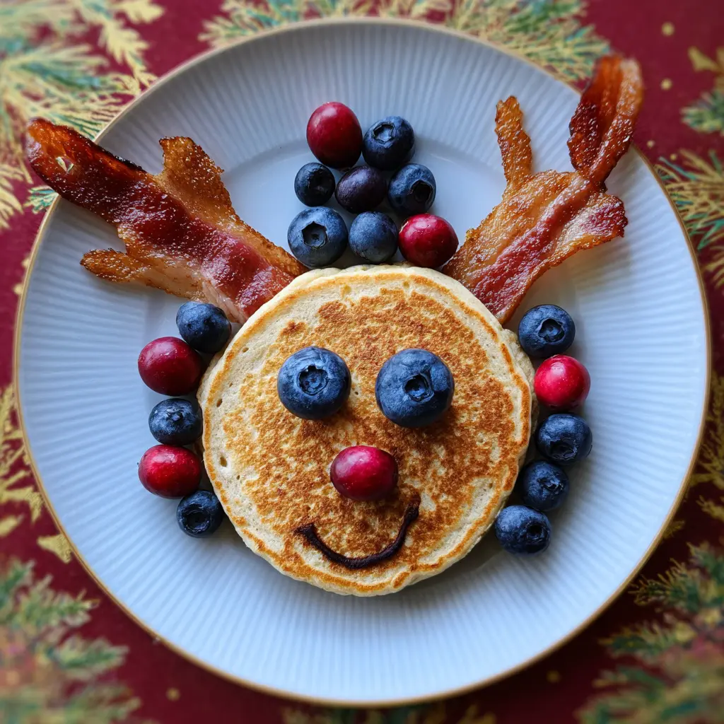 A festive Christmas reindeer pancake recipe, artfully decorated with blueberries, cranberry, and bacon antlers on a holiday-themed plate.