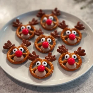 Close-up of eight festive homemade christmas reindeer pretzel recipe snacks with chocolate antlers and red candy noses on a gray plate.