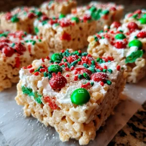 Festive Christmas Rice Krispie Treats recipe with red and green M&M's, sprinkles, and a marshmallow topping on parchment paper.