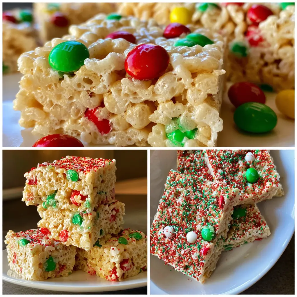 Festive Christmas Rice Krispie treats recipe collage with red and green M&M's and holiday sprinkles.
