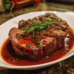 Appetizing close-up of a perfectly sliced, medium-rare Christmas roast beef recipe with rich gravy and rosemary.