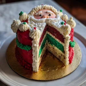 A festive Santa Claus cake with a slice removed, revealing colorful red, green, and white layers, perfect for a Christmas Santa cake recipe.