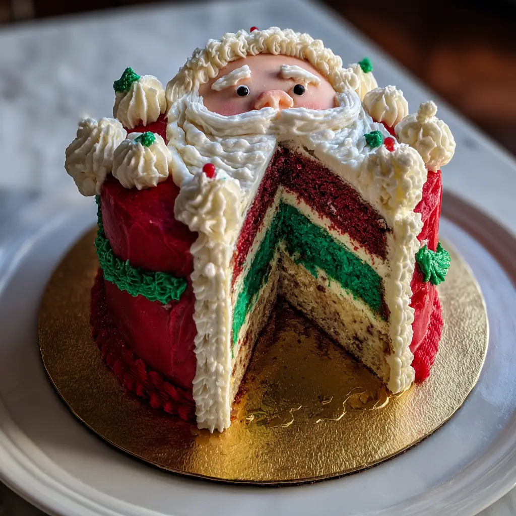 A festive Santa Claus cake with a slice removed, revealing colorful red, green, and white layers, perfect for a Christmas Santa cake recipe.
