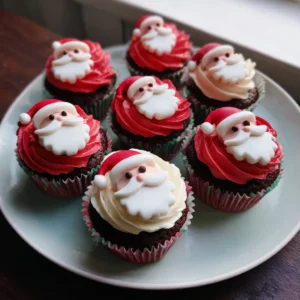 Festive Santa Cupcakes: A Delicious Holiday Treat! 2 Seven festive Christmas Santa cupcakes recipe on a mint plate, featuring edible Santa faces with red hats and white beards.