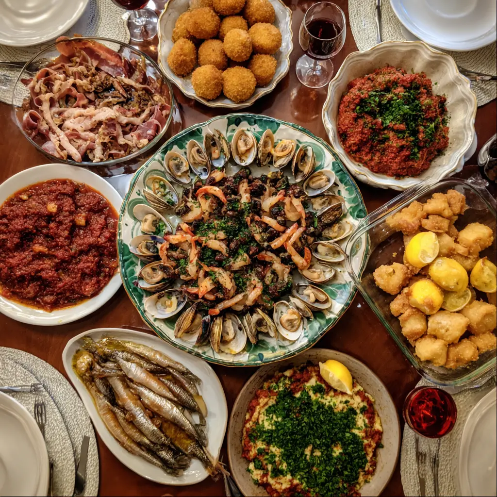 Overhead view of a lavish Christmas Seven Fishes dinner recipe spread featuring various seafood dishes and red wine.