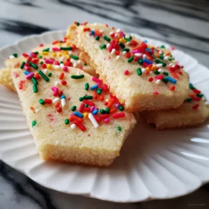 Close-up of vibrant sprinkle-decorated christmas shortbread cookie recipe cookies on a white scalloped plate, set against a blurred marble background.